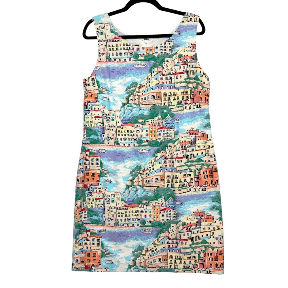 Talbots Amalfi Coast Scenic Print Shift‎ Dress Womens Size 14P Whimsical Summer